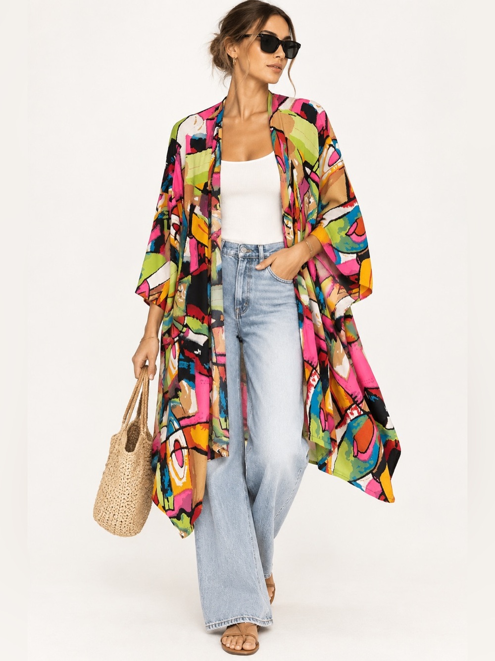 Leemasempire Abstract Art Print Kimono Duster Oversized Colorful Boho Jacket